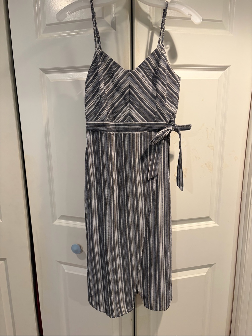 Hem & Thread Navy and White Striped Midi Dress with Tie Waist